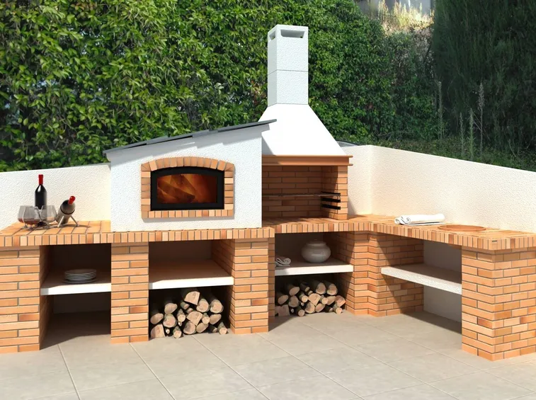 Comodo e moderno barbecue in muratura con varie basi di appoggio e vani