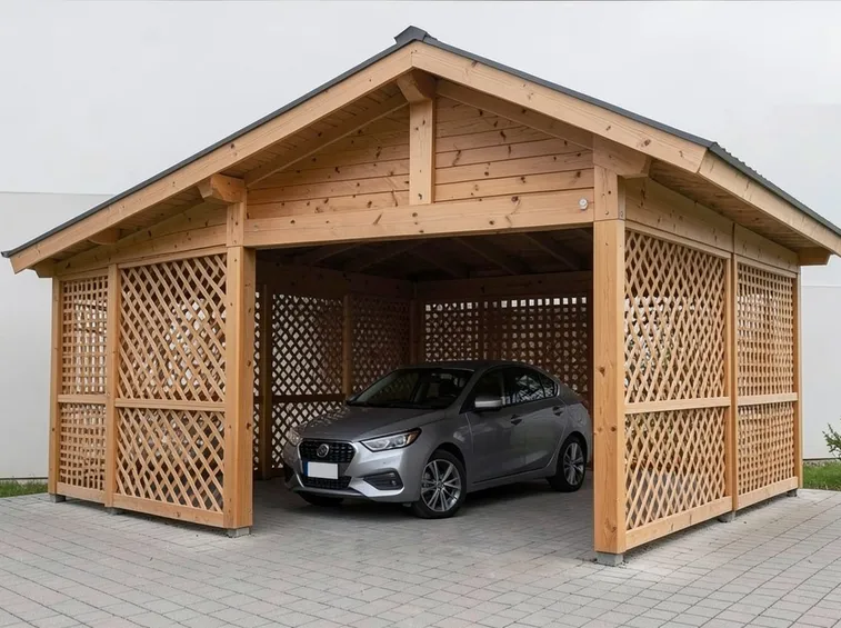 Un esempio di tettoia in legno per auto a casetta