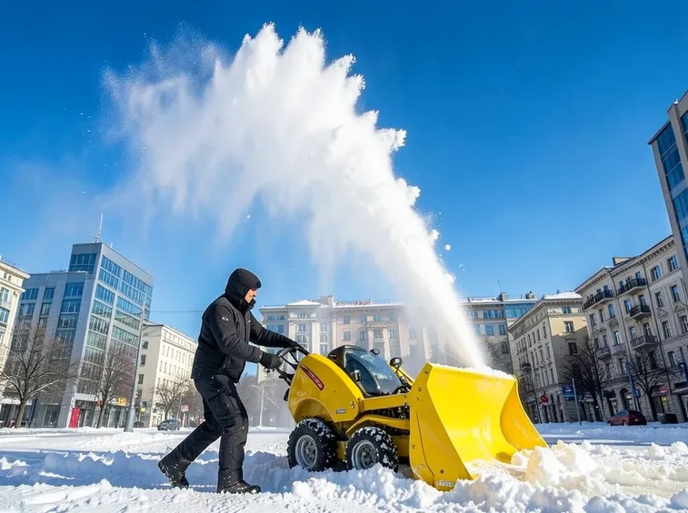 uomo con turbina da neve in paesaggio cittadino
