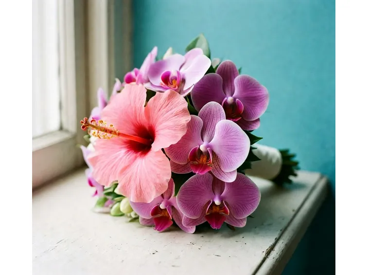 Bouquet da sposa arricchito con fiori di ibisco