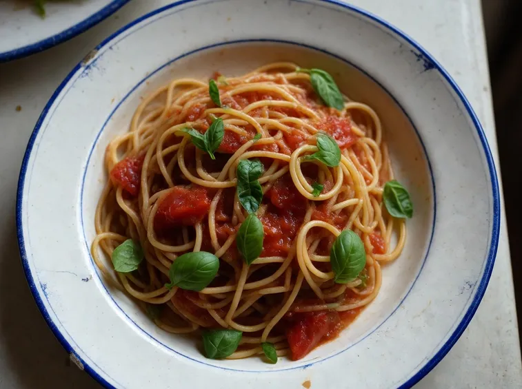 piatto di spaghetti con basilico