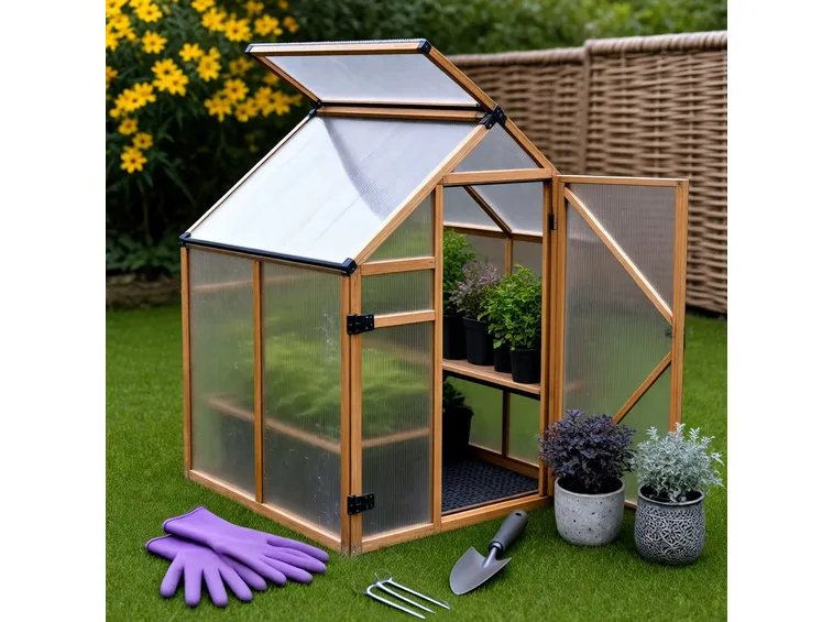 Mini serra da balcone in plastica e legno