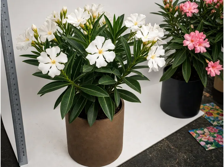 Una grande pianta di oleandro dai fiori bianchi